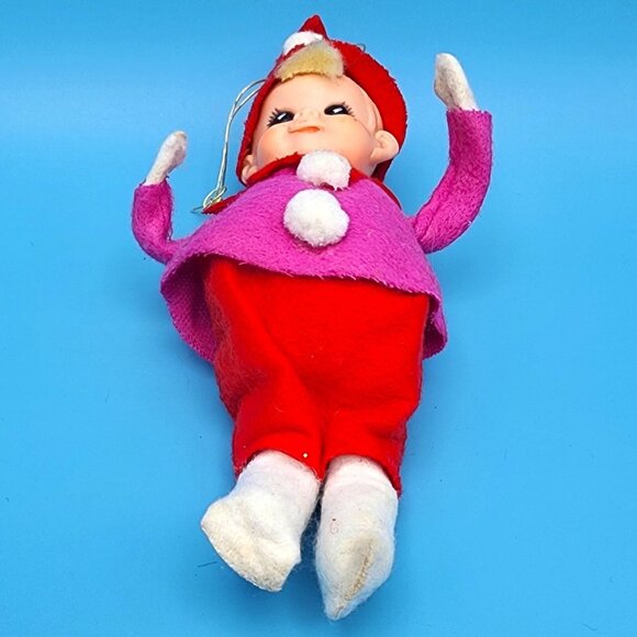 Vintage 1950s Pixie Elf Ornament Pink and Red Hat Pom-Poms Japan Felt Christmas - Picture 8 of 9